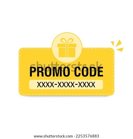 Promo code banner with gift box. Vector flat illustration for concept of sale, discount, coupon, promotion