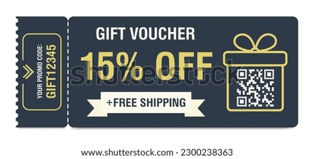 Discount coupon 15 percent off. Gift voucher with percentage marks, qr code and promo codes for website, internet ads, social media. Vector illustration