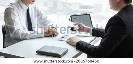 Employer sending resignation letter to employee consider in order to contract for quit or layoff of job leaving from work, resignation concept. Stockfoto © 