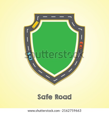 shield vector design with road and cars on the yellow background concept of safe road