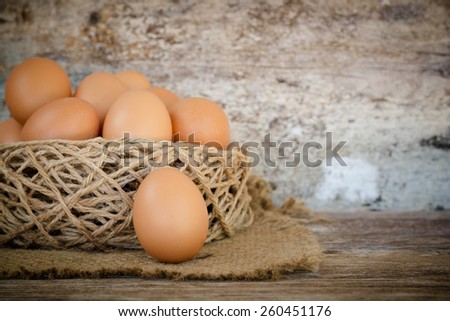 chicken egg in nest on wood background