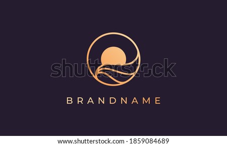 Ocean water wave and sun in a circle with a gold line art style suitable for logo and icon