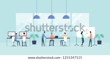 flat vector illustration group business team meeting  and working collaboration in office workplace concept 
