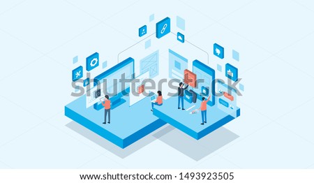 isometric mobile application and web design development process concept and group business team working