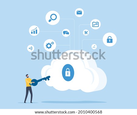 flat illustration design technology cloud security concept with a man hold key for unlock cloud server