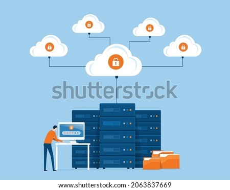 flat vector business technology cloud storage and cloud server service concept with administrator and developer working on workstation concept