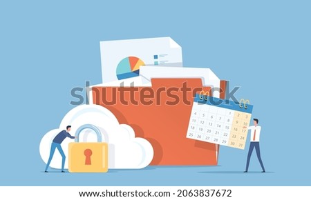 Flat business technology cloud server service storage backup concept with team working backup file in folder and development security system concept