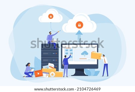 Business Flat vector design technology file upload backup on cloud server storage concept. team administrator and developer working with computer monitor. Illustration cartoon character design