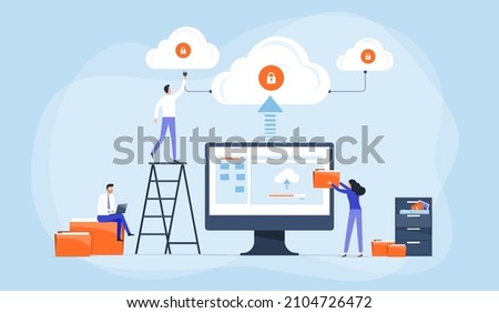 Business Flat vector design technology file upload backup on cloud server storage concept. team administrator and developer working with computer monitor. Illustration cartoon character design
