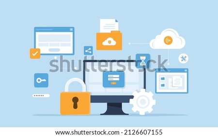 Business technology cloud computing service and technology file upload backup on cloud server storage concept with monitor web login security user. Flat vector Illustration cartoon character design 