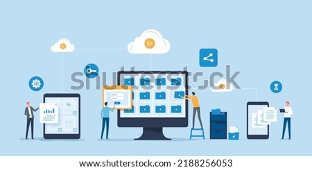flat vector business technology document management system storage backup concept and cloud server service with administrator and developer team working concept