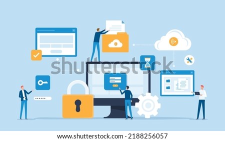 flat vector business technology document management system storage backup concept and cloud server service with administrator and developer team working concept