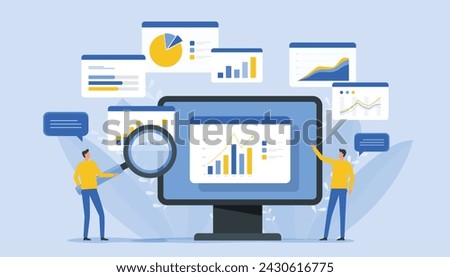 business team people working for data analytics research. and monitoring on the web report dashboard monitor. business finance investment planning design flat vector illustration design concept