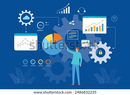 business data analytics design concept. people standing on the report graph dashboard background. flat vector design finance investment analysis concept