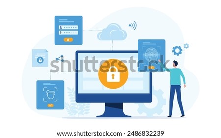 business data protection and technology internet network security design concept. with people login to the computer to Access information.