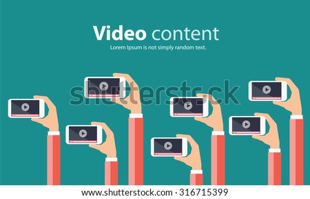 business on line video marketing content  concept.flat vector. background.marketing on line.video on line.mobile on hand