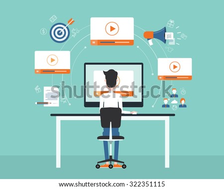 business on line video marketing content concept.flat vector. background