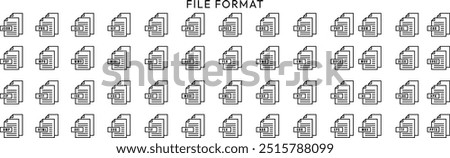 File format of document icons collection set with PDF, JPG, DOC, PPT, XLS, MP4, RAR, AI, ZIP, MP3, MPV, GSF and more vectors.