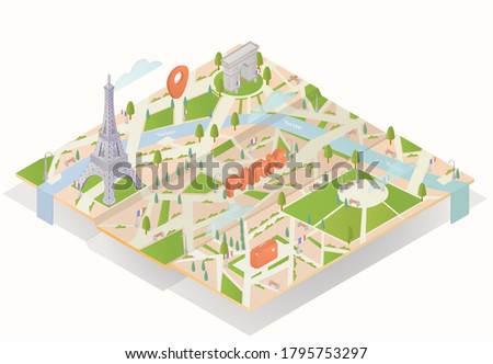 Paris (France) 3D Map. The map is drawn in isometric. The illustration includes objects drawn in isometry. Eiffel tower, arc de Triomphe, suitcase, geo-location icon. Vector illustration. Attractions