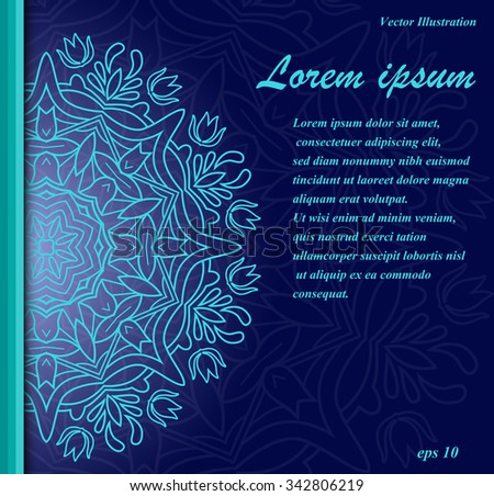 Hand-drawn banner with h?alf of mandala ornament. Template cards,  invitations, flyers, posters. Arabic, Indian, turkish, chinese, ottoman motifs. Vector illustration with place for your text.