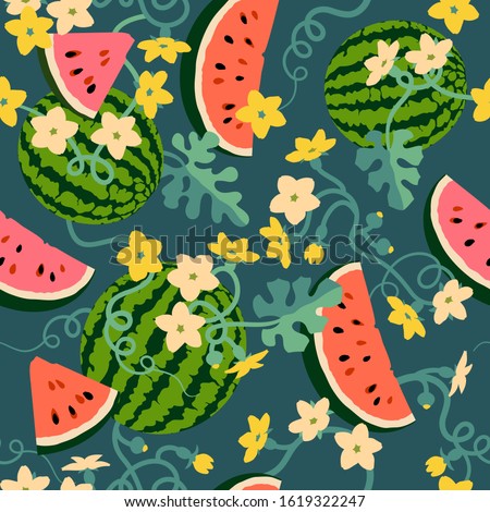 Watermelons, watermelon slices, watermelon leaves and vines, watermelon flowers, watermelon blooms. Seamless background