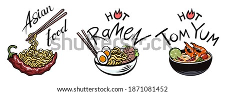 Asian food, soup, Ramen noodles, Tom Yam, etc., Soups, Oriental dishes. Spicy national dish of Thailand, Japan, Korea, Vietnam, China, etc. Dish with chopsticks. Vector isolated on a white.
