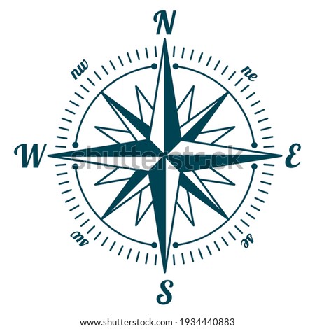 Wind rose. Marine compass. Navigation device with indication of the cardinal directions. North, South, East, West, Northeast, Northwest, Southeast, Southwest. Degree division scale.