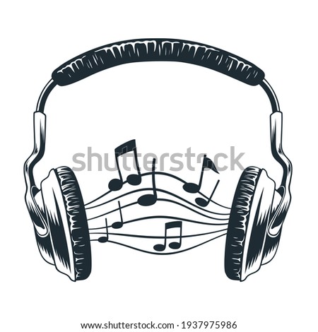 Headphones with a sounding song with notes. Headphones for music or a headset. Hand drawing.  Isolated on a white background.