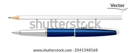 Office stationery. Yellow pencil and blue pen set. Templates for applying logos. 3D style. Realistic. Isolated on a white background. 