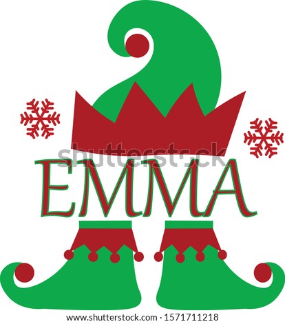 Text inscription with the name Emma. Elf hat, snowflakes, elf shoes.