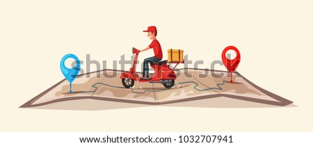 Fast and free delivery by scooter. Vector cartoon illustration. Food service.