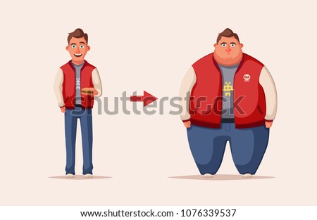 Sad fat man. Obese character. Fatboy. Cartoon vector illustration. Imagine de stoc © 