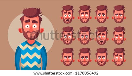 Set of character's emotions. Cartoon vector illustration. Male facial emotions. Emoji with different expressions.