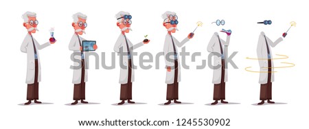 Scientist is conducting a scientific experiment. Remote controller. Funny character. Cartoon vector illustration. Mad professor. Person with glasses. Invisible man