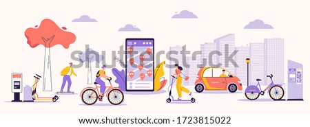 Vector character illustration of urban infrastructure and modern lifestyle. Man, woman using rental service: skateboard, kick scooter, bicycle, electric car. Mobile app for search, rent eco transport