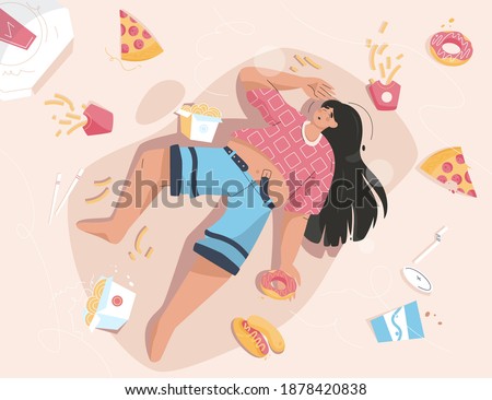 Overweight woman lies among fast junk food. Sad fat young girl has nutritional problems, obesity, food addiction. Vector character illustration of unhealthy diet, bad eating habits, gluttony concept