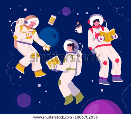 Astronauts flying in space. Cosmonauts in orbit daily routine - working on laptop or smartphone, reading book, drinking coffee. Planets and stars landscape on background. Vector character illustration
