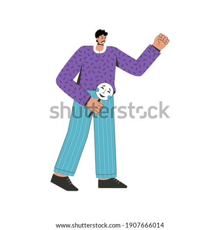 Actor plays evil character on stage, took off smiling theatrical mask. Angry man conflicting, shouting. Vector illustration of expression of negative emotions, toxic communication, hard conversation