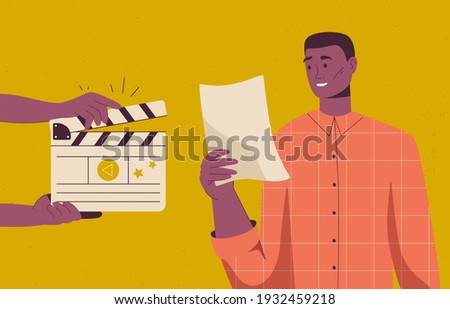 Backstage of filmmaking scene. Actor rehearses and reads script, hands holding director clapperboard. Recording film scene and acting on camera. Movie making concept. Vector character illustration