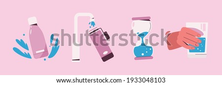 Drink more water symbols set. Collection of drinking signs - bottle, draw water from tap to bottle, aqua hourglass, hand holds glass, blue drops. Hydrate balanced, good habits. Vector illustration