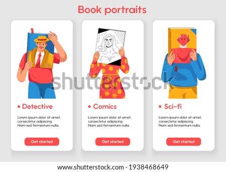 Template design for mobile app page with Book portrait concept. People read literature of different genres - detective novel, comics, sci-fi story. Bookstore, library. Vector character illustration