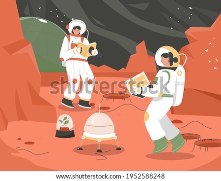 Colonization mission of Mars scene. Female astronauts doing research, scientific reports. Scientists studying plants, work at laptop, read book. Women in Astronautics. Vector character illustration