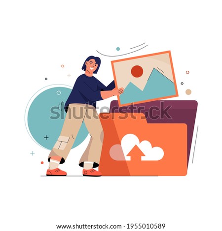 Upload photo concept. Woman uploading image or picture to huge folder of cloud storage. Sharing of graphic content on social networks. Vector character illustration isolated on white background