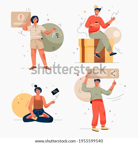 Onboarding isolated scenes set. Getting to know site or service. Man resets his password, shares link, receives premium gift. Woman meditating offline, digital detox. Vector character illustration