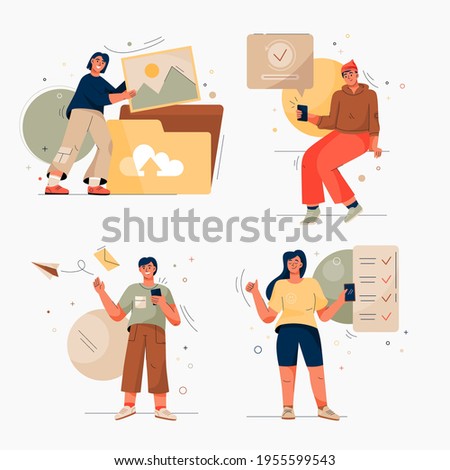 Onboarding isolated scenes set. Getting to know site or service. Women upload photos to cloud storage, mark done tasks in list. Men send email messages, pay online. Vector character illustration