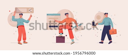 Onboarding isolated scenes set. Getting to know site or service. New employee in office. Men share useful links, create account on social networks, get early access. Vector character illustration