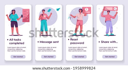 Vector banner illustration of Onboarding concept. People completed tasks, sent message, reset password, share link. Getting to know site or service. Template design for mobile app page with concept.