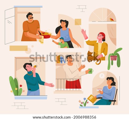 Good neighborly relations concept. Neighbors looking out windows, talking, greeting each other, do hobbies, relaxing in their apartments. Quiet pastime, home lifestyle. Vector character illustration