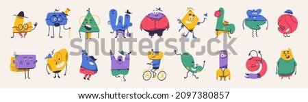 Cute abstract cartoon characters set. Bundle of different types of colorful monsters with simple shapes. Mascots expressing emotions. Vector childrens illustration in flat design isolated collection Foto stock © 