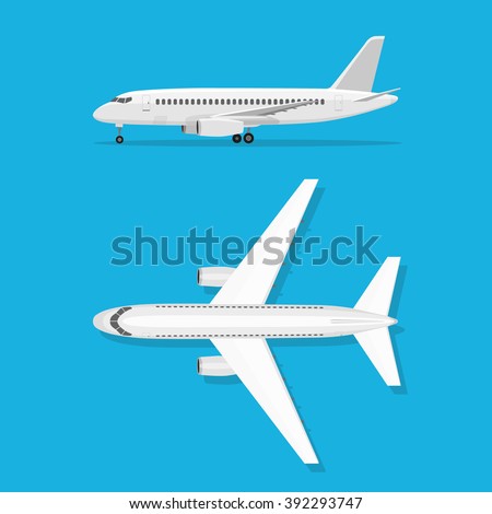 White airplane isolated on blue background. Aircraft is on the ground. Airliner. View from above and side. 